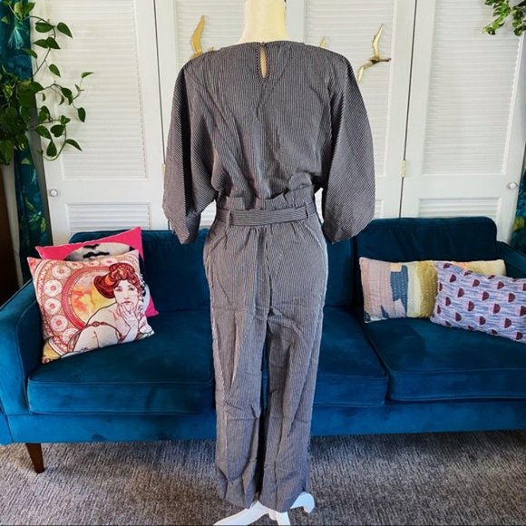 Umgee | Carmen Pinstripe Jumpsuit Paperbag Wide Sleeve Charcoal Black New Medium - Picture 10 of 15